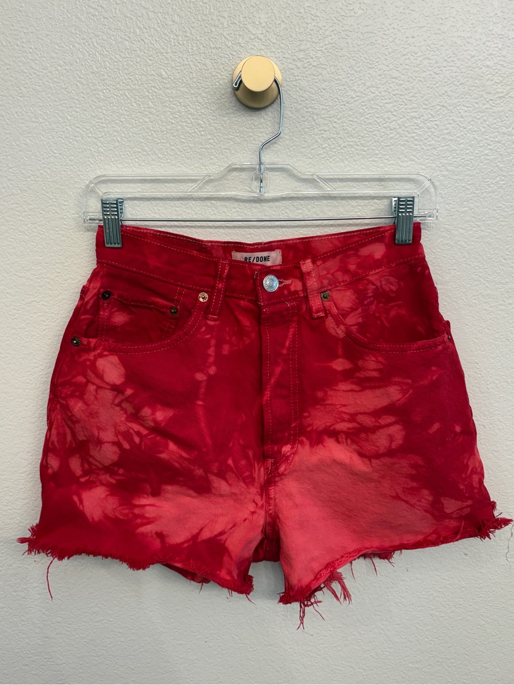 Re/Done High Rise Custom Red Tie-Dye Acid Wash Style Fray Hem Denim Shorts Sz 27